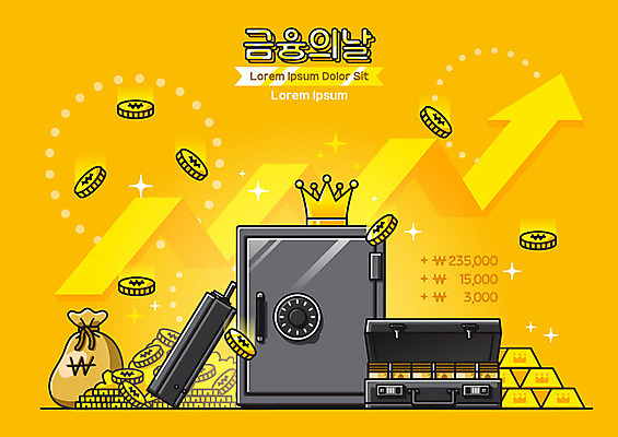 화살표 지폐 돈 일러스트 그래프 왕관 사람없음 금융 경제 노란색 귀여움 동전 금고 금화 금괴 돈가방 현금가방 금융의날 국내일러스트 AI파일 컬러 컨셉 가방 재산 황금 파일형식 벡터 법정기념일