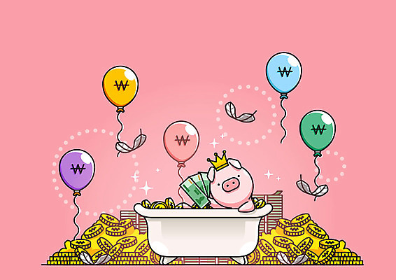 분홍색 지폐 돈 일러스트 왕관 욕조 사람없음 금융 경제 귀여움 동전 돼지 깃털 금화 풍선 금융의날 국내일러스트 AI파일 컬러 컨셉 포유류 재산 황금 파일형식 벡터 법정기념일