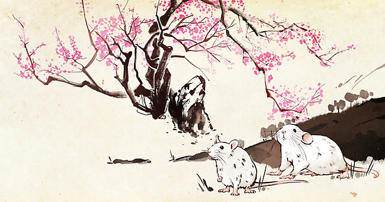 PSD 명절 두마리 일러스트 캘리그라피 붓터치 수채화 근하신년 새해 수묵화 사람없음 컬러풀 봄 벚꽃 붓 벚나무 쥐띠 쥐 5월 동양화 언덕 번짐 흰쥐 2020년 경자년 국내일러스트 나무 전통 계절 기념일 꽃 컬러 2 미술 십이지신 날짜 설치류 연도 파일형식 효과