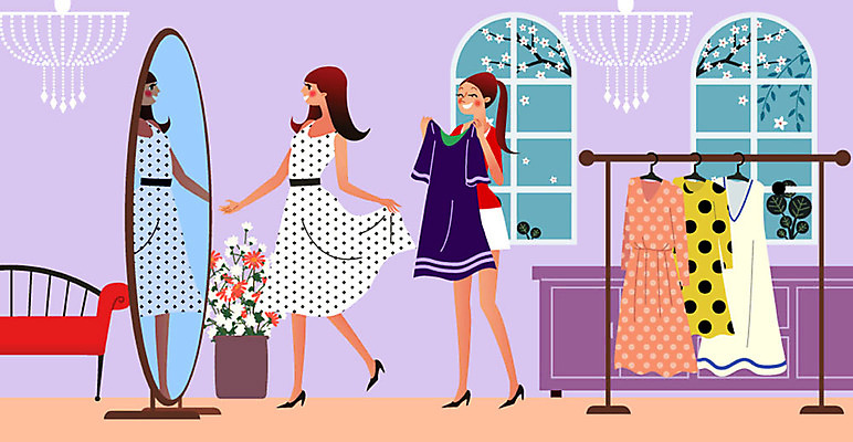 옷 여자 가구 일러스트 조명 건강 꽃나무 사람 성인 두명 쇼핑 소파 옷걸이 즐거움 만족 서랍장 샹들리에 옷가게 전신거울 스탠드옷걸이 자기관리 피팅 성인여자만 국내일러스트 AI파일 나무 꽃 감정 생활용품 의자 상점 거울 여자만 성인만 파일형식 벡터