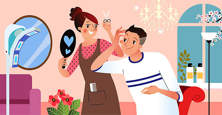 여자 남자 꽃 일러스트 조명 건강 사람 성인 두명 소파 스탠드 미용실 미용사 즐거움 만족 샹들리에 머리손질 헤어관리 벽거울 스타일링 자기관리 성인만 국내일러스트 AI파일 식물 직업 감정 의자 뷰티 거울 뷰티샵 파일형식 벡터