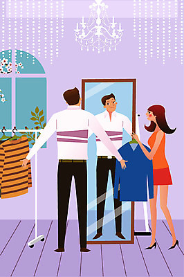 옷 여자 남자 꽃 일러스트 건강 사람 성인 두명 쇼핑 옷걸이 즐거움 만족 샹들리에 전신거울 스탠드옷걸이 자기관리 피팅 성인만 국내일러스트 AI파일 식물 감정 조명 거울 파일형식 벡터