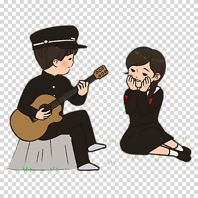 편집이미지 커플 여자 남자 교복 누끼 이벤트 두명 청춘 낭만 기타 복고 카툰스타일 PNG 편집소스 옷 컨셉 관계 현악기 사람 파일형식