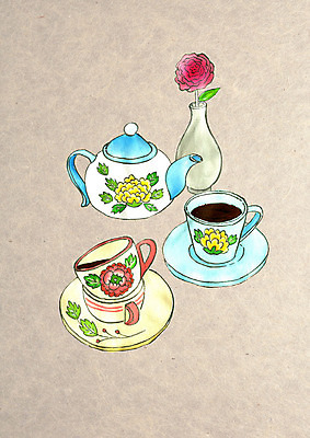 PSD 전통 꽃 커피 일러스트 수채화 사람없음 컬러풀 귀여움 꽃병 머그컵 원두 빈티지 커피잔 찻주전자 원두커피 국내일러스트 식물 음료 컬러 컨셉 주전자 잔 컵 파일형식