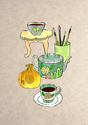 PSD 전통 꽃 커피 일러스트 수채화 복주머니 사람없음 컬러풀 귀여움 꽃병 붓 빈티지 커피잔 찻주전자 붓통 국내일러스트 식물 음료 컬러 컨셉 주전자 잔 전통소품 파일형식