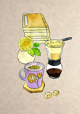 PSD 전통 꽃 커피 일러스트 수채화 사람없음 컬러풀 귀여움 꽃병 머그컵 원두 빈티지 각설탕 고서 커피메이커 원두커피 국내일러스트 식물 음료 컬러 컨셉 유물 책 컵 설탕 커피용품 파일형식