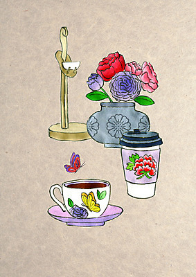 PSD 전통 꽃 커피 나비 일러스트 수채화 사람없음 컬러풀 귀여움 꽃병 빈티지 커피잔 촛대 테이크아웃컵 국내일러스트 식물 음료 컬러 곤충 컨셉 잔 컵 파일형식