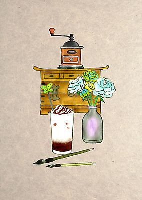 PSD 전통 꽃 커피 일러스트 수채화 사람없음 컬러풀 귀여움 꽃병 붓 빈티지 커피메이커 그라인더 고가구 국내일러스트 식물 음료 컬러 가구 컨셉 커피용품 파일형식