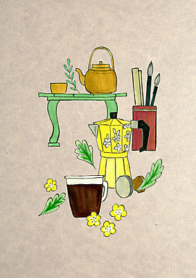 PSD 전통 꽃 커피 일러스트 수채화 사람없음 컬러풀 귀여움 꽃병 머그컵 원두 붓 빈티지 풀잎 커피잔 커피메이커 원두커피 붓통 찻상 모카포트 국내일러스트 식물 음료 컬러 컨셉 잎 탁자 주전자 잔 컵 풀_식물 커피용품 파일형식