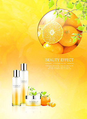 PSD 편집이미지 오렌지 나뭇잎 사람없음 화장 뷰티 노란색 화장품 피부관리 상큼 스킨케어 그라데이션 목업 이미지편집 컬러 잎 과일 파일형식