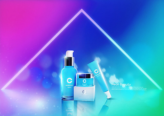 PSD 편집이미지 사람없음 빛 컬러풀 화장 뷰티 화장품 전시 피부관리 보케 네온 스킨케어 그라데이션 목업 이미지편집 컬러 파일형식