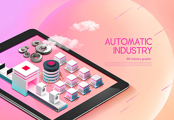 PSD 구름 편집이미지 분홍색 공장 사람없음 태블릿 기계 톱니바퀴 오토 자동화 자동화기기 컨베어밸트 카피스페이스 4차산업 이미지편집 자연요소 산업 컬러 공업 전자제품 스마트기기 공백 파일형식