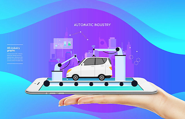 PSD 편집이미지 손 공장 자동차 그래프 사람 신체부위 파란색 스마트폰 보라색 기계 오토 자동화 자동화기기 컨베어밸트 카피스페이스 4차산업 이미지편집 산업 육상교통 컬러 공업 핸드폰 스마트기기 공백 파일형식