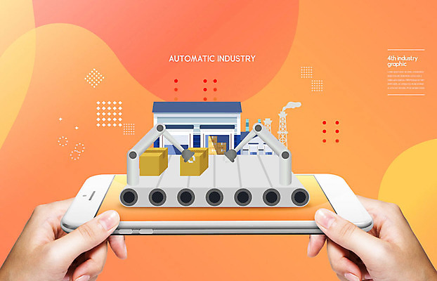 PSD 편집이미지 손 공장 사람 신체부위 스마트폰 상자 주황색 기계 오토 자동화 자동화기기 컨베어밸트 카피스페이스 4차산업 이미지편집 산업 컬러 공업 핸드폰 스마트기기 공백 파일형식