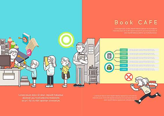 PSD 템플릿 표지디자인 북디자인 출판디자인 여자 남자 내지 어린이 리플렛 북커버 팜플렛 여러명 성인 책 컬러풀 대여 북카페 줄서기 반납 이미지템플릿 컬러 다수 모션 사람 카페 파일형식