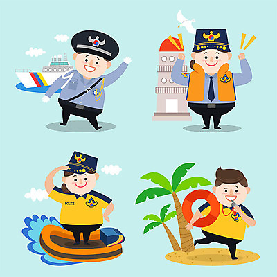 구름 캐릭터 여자 남자 파도 바다 일러스트 갈매기 등대 사람 여러명 성인 컬러풀 야자수 귀여움 경찰 호루라기 경찰복 구명조끼 구명보트 경찰의날 구명부환 일러캐릭터 AI파일 자연요소 나무 직업 컬러 다수 컨셉 유니폼 조류 안전장비 튜브 구조용품 파일형식 벡터 법정기념일