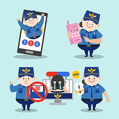 캐릭터 여자 남자 일러스트 사람 여러명 성인 스마트폰 컬러풀 귀여움 모니터 마우스 이메일 경찰 도둑 전화기 경찰복 112 신고 경찰의날 일러캐릭터 AI파일 직업 컬러 다수 컨셉 유니폼 핸드폰 스마트기기 컴퓨터 컴퓨터용품 범죄인 전화번호 파일형식 벡터 법정기념일