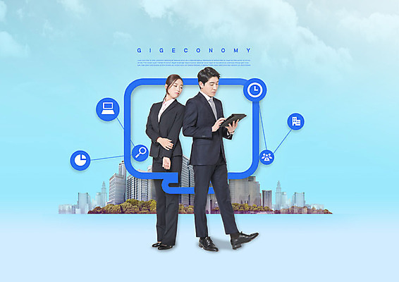 PSD 구름 편집이미지 여자 남자 비즈니스 하늘 사람 20대 성인 두명 경제 한국인 도시 비즈니스맨 비즈니스우먼 사회이슈 성인만 비정규직 긱경제 긱워커 이미지편집 자연요소 컨셉 동양인 청년 직장인 파일형식 긱이코노미