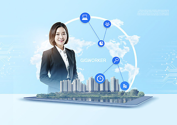 PSD 편집이미지 여자 하늘색 비즈니스 한명 사람 20대 성인 경제 태블릿 한국인 도시 비즈니스우먼 사회이슈 성인여자한명만 비정규직 긱경제 긱워커 이미지편집 1 컨셉 동양인 청년 파란색 전자제품 스마트기기 직장인 여자한명만 성인여자만 파일형식 긱이코노미