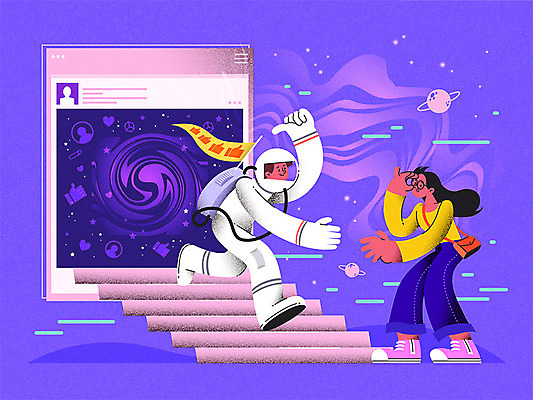 여자 남자 일러스트 모바일 미소 사람 두명 스마트폰 컬러풀 우주 우주비행사 네트워크 소셜네트워크 이슈 크리에이터 인플루언서 국내일러스트 AI파일 직업 컬러 표정 핸드폰 스마트기기 파일형식 벡터 1인미디어 유명인