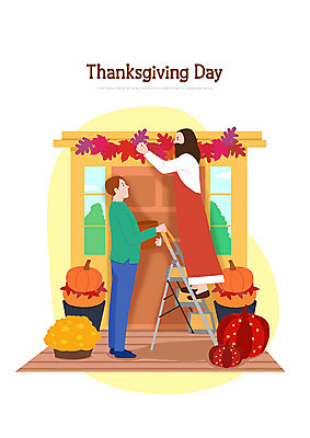 PSD 남자 기독교 낙엽 일러스트 사다리 호박 사람 두명 장식 추수 가을 예수 하나님 즐거움 현관문 추수감사절 남자만 국내일러스트 계절 감정 종교 잎 농업 채소 문 도구 신_종교 파일형식