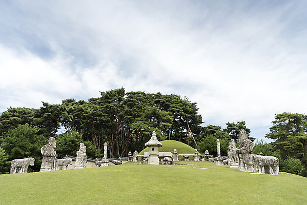 포토 JPG 주간 나무 구름 한국전통 여행 유적지 하늘 풍경 사람없음 야외 여름 관광지 세계문화유산 문화재 역사 한국사 조선시대 영녕릉 조선왕릉 능침 혼유석 효종릉 국내포토 여주시 자연요소 식물 전통 계절 고건축 한국 경기도 여주 왕릉 파일형식 여주_지역