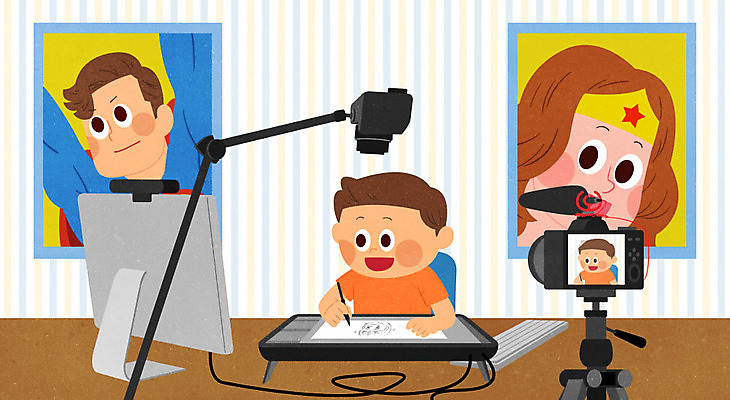 PSD 남자 어린이 액자 의자 일러스트 한명 사람 소년 컬러풀 태블릿 카메라 모니터 촬영 키보드 책상 마이크 즐거움 그림 삼각대 스탠드행거 촬영장비 소년한명만 크리에이터 1인미디어 국내일러스트 직업 1 감정 컬러 음향기기 가구 전자제품 스마트기기 컴퓨터 도구 방송 남자한명만 소년만 파일형식