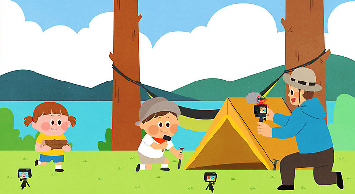 PSD 나무 구름 여자 남자 딸 아들 어린이 일러스트 산 텐트 사람 소녀 소년 성인 세명 강 컬러풀 촬영 캠핑 아빠 숲속 장작 즐거움 해먹 촬영장비 크리에이터 1인미디어 국내일러스트 자연요소 식물 직업 감정 컬러 가족 레저 캠핑도구 도구 침대 숲 방송 파일형식