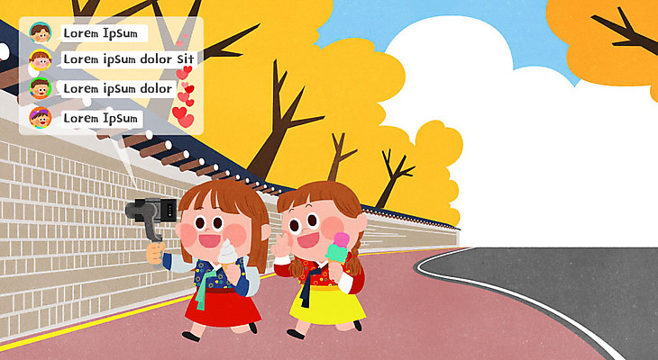 PSD 나무 구름 여자 어린이 일러스트 아이스크림 사람 소녀 두명 일상 스마트폰 컬러풀 촬영 하트 한복 즐거움 돌담길 채팅 촬영장비 소녀만 기와담장 크리에이터 1인미디어 브이로그 셀프캠 국내일러스트 자연요소 모양 식물 직업 한국전통 라이프스타일 감정 길 컬러 디저트 돌담 기와 라이프 핸드폰 스마트기기 담장 도구 전통의상 셀프카메라 방송 동영상 여자만 어린이만 파일형식