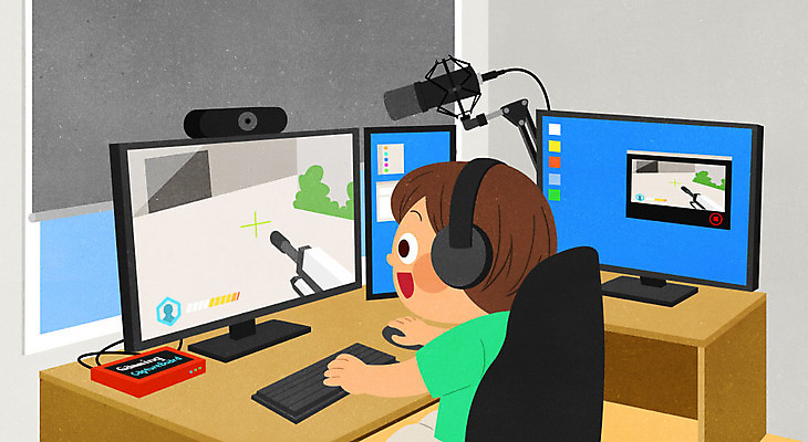 PSD 남자 어린이 일러스트 한명 사람 소년 컴퓨터 컬러풀 모니터 촬영 게임 키보드 마우스 마이크 즐거움 촬영장비 소년한명만 크리에이터 1인미디어 국내일러스트 직업 1 감정 컬러 음향기기 놀이 전자제품 컴퓨터용품 도구 방송 남자한명만 소년만 파일형식