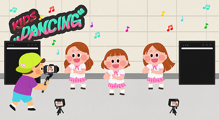 PSD 여자 남자 어린이 음표 일러스트 사람 소녀 소년 여러명 스마트폰 컬러풀 카메라 촬영 스피커 춤 즐거움 삼각대 촬영장비 크리에이터 1인미디어 국내일러스트 직업 기호 감정 음악 컬러 음향기기 다수 문화예술 전자제품 핸드폰 스마트기기 도구 방송 파일형식