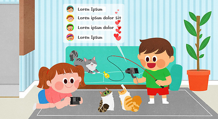 PSD 여자 남자 화분 어린이 거실 일러스트 세마리 사람 소녀 소년 두명 스마트폰 반려동물 소파 컬러풀 카메라 촬영 고양이 카펫 하트 낚싯대 즐거움 라이브 반려 채팅 촬영장비 크리에이터 1인미디어 국내일러스트 모양 동물 직업 감정 컬러 의자 포유류 3 전자제품 핸드폰 스마트기기 도구 낚시용품 방송 파일형식