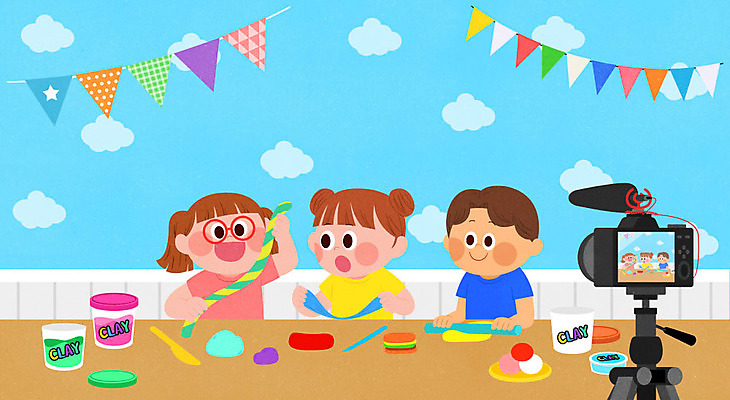 PSD 여자 남자 어린이 일러스트 벽지 사람 소녀 소년 세명 컬러풀 카메라 촬영 마이크 즐거움 점토 클레이아트 삼각대 가랜드 구름무늬 촬영장비 크리에이터 1인미디어 국내일러스트 직업 감정 컬러 음향기기 무늬 전자제품 도구 공예 파티용품 방송 파일형식