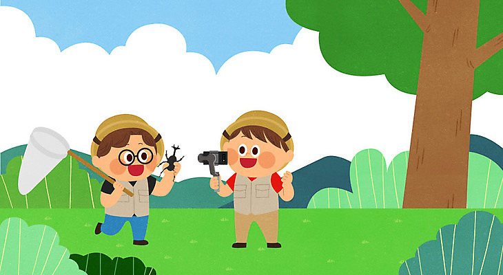 PSD 나무 식물 구름 남자 어린이 곤충 일러스트 산 사람 소년 초원 두명 컬러풀 촬영 즐거움 방송 곤충채집 채집망 장수풍뎅이 촬영장비 소년만 크리에이터 1인미디어 국내일러스트 자연요소 동물 직업 감정 컬러 도구 수집 남자만 어린이만 파일형식