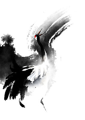 PSD 한마리 일러스트 캘리그라피 조류 붓터치 근하신년 새해 흑백 사람없음 빨간색 검은색 학 흰색 번짐 화조화 국내일러스트 동물 1 컬러 촬영기법 동양화 파일형식 효과