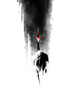 PSD 한마리 일러스트 캘리그라피 조류 붓터치 근하신년 새해 흑백 사람없음 빨간색 검은색 학 흰색 번짐 화조화 국내일러스트 동물 1 컬러 촬영기법 동양화 파일형식 효과