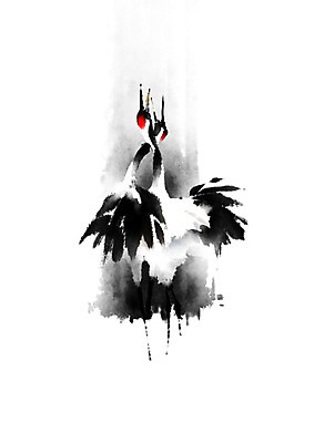 PSD 두마리 일러스트 캘리그라피 조류 붓터치 근하신년 새해 흑백 사람없음 빨간색 검은색 학 흰색 번짐 화조화 국내일러스트 동물 컬러 2 촬영기법 동양화 파일형식 효과