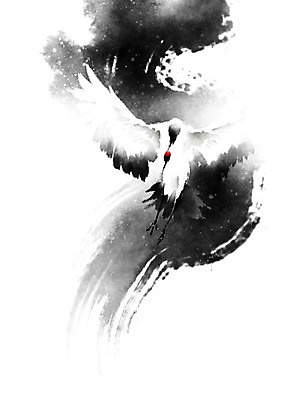 PSD 한마리 일러스트 캘리그라피 조류 붓터치 근하신년 새해 흑백 사람없음 빨간색 검은색 학 흰색 번짐 화조화 국내일러스트 동물 1 컬러 촬영기법 동양화 파일형식 효과