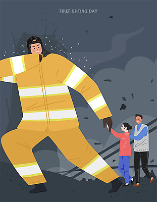 여자 남자 일러스트 안전 사람 성인 세명 용기 구출 소방관 소방 화재 열정 소방서 소방의날 인명구조 국내일러스트 AI파일 그릇 감정 도움 구조원 사건 파일형식 벡터 법정기념일