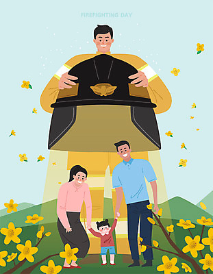 여자 남자 꽃 어린이 일러스트 가족 엄마 산 안전 사람 여러명 성인 용기 아빠 소방관 소방 언덕 열정 소방관모자 소방서 소방의날 인명구조 국내일러스트 AI파일 식물 모자_잡화 그릇 감정 다수 관계 구조원 파일형식 벡터 법정기념일