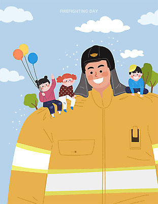 나무 구름 여자 남자 어린이 일러스트 안전 사람 여러명 성인 용기 소방관 소방 즐거움 열정 풍선 소방서 소방의날 인명구조 국내일러스트 AI파일 자연요소 식물 그릇 감정 다수 구조원 파일형식 벡터 법정기념일