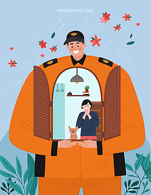 식물 한마리 여자 남자 꽃 화분 일러스트 창문 나뭇잎 조명 선반 안전 사람 성인 두명 용기 풀잎 강아지 소방관 소방 서랍장 열정 소방서 소방의날 인명구조 국내일러스트 AI파일 1 그릇 감정 가구 잎 반려동물 풀_식물 개 구조원 파일형식 벡터 법정기념일