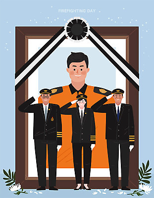 여자 남자 액자 일러스트 국화 안전 사람 여러명 성인 슬픔 용기 소방관 소방 열정 경례 장례 소방서 소방의날 영정사진 인명구조 검정리본 국내일러스트 AI파일 그릇 꽃 감정 리본 다수 인사 구조원 파일형식 벡터 법정기념일
