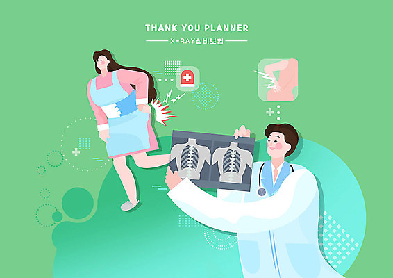 PSD 여자 남자 일러스트 청진기 엑스레이 병원 사람 성인 두명 초록색 의사 스마트 허리 척추 서비스 준비 허리디스크 보험 경고등 의료보험 허리보호대 허리통증 실비보험 국내일러스트 컬러 컨셉 의학 의료기기 뼈 신체부위 고통 의료진 디스크_질병 보호장비 파일형식