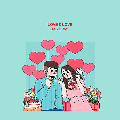 커플 여자 남자 꽃 하늘색 일러스트 사랑 사람 이벤트 두명 선물상자 케이크 다정 로맨틱 하트 하트풍선 민트색 국내일러스트 AI파일 모양 식물 감정 컬러 컨셉 관계 디저트 선물 파란색 상자 풍선 파일형식 벡터