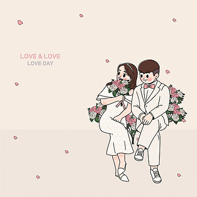 커플 여자 남자 꽃잎 부케 웨딩드레스 결혼 일러스트 사랑 사람 정장 턱시도 이벤트 두명 장미 다정 로맨틱 베이지색 셀프웨딩 국내일러스트 AI파일 드레스 옷 꽃 감정 컬러 꽃다발 컨셉 관계 파일형식 벡터 웨딩촬영