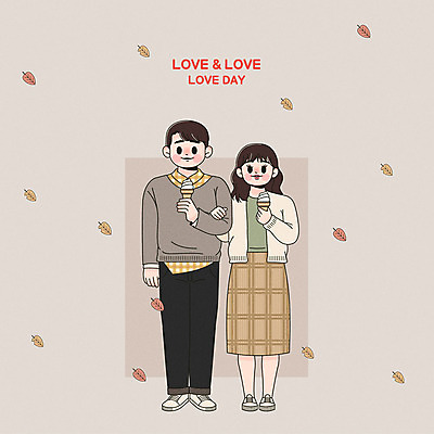 커플 여자 남자 낙엽 데이트 일러스트 아이스크림 사랑 사람 이벤트 두명 팔짱 다정 로맨틱 가을 국내일러스트 AI파일 계절 감정 컨셉 잎 관계 모션 디저트 파일형식 벡터