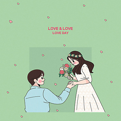 커플 여자 남자 꽃잎 꽃다발 프로포즈 일러스트 사랑 사람 이벤트 두명 화관 다정 로맨틱 민트색 국내일러스트 AI파일 꽃 감정 컬러 컨셉 관계 파일형식 벡터