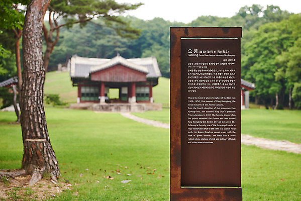 포토 JPG 주간 한국전통 여행 유적지 풍경 사람없음 야외 아웃포커스 여름 관광지 세계문화유산 문화재 표지판 역사 한국사 조선시대 정자각 조선왕릉 파주 파주삼릉 성종 공혜왕후 순릉 국내포토 자연요소 전통 계절 고건축 한국 알림판 촬영기법 왕 경기도 왕릉 파일형식 왕후