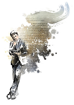 PSD 문자 영어 남자 종이 일러스트 캘리그라피 붓터치 한명 사람 정장 책 터치 번짐 사색 남자한명만 국내일러스트 1 옷 생각 남자만 파일형식 효과